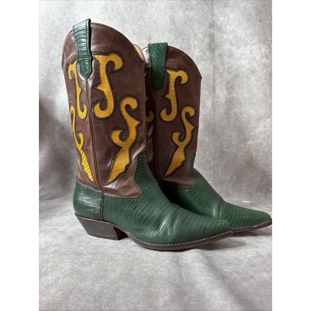 Vtg Nine West Romnee Cowboy Boots Womens Size 7.5M Green Colorblock Pointed Toe